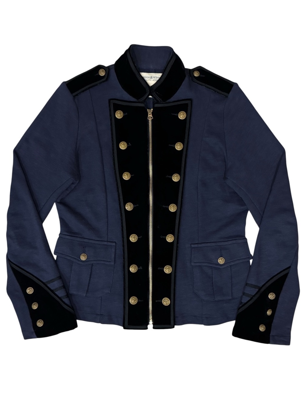Ralph Lauren Denim & Supply Blue Soft Military Officer Zip Jacket Gold Buttons L